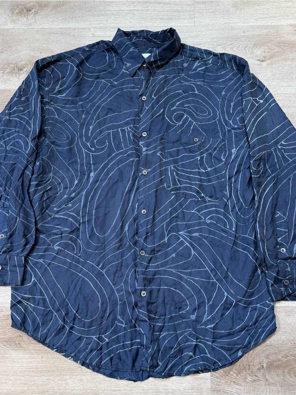 Vintage Goouch 100% Silk Abstract Blue Art Button Up Shirt Mens Size Medium